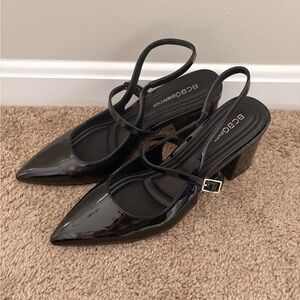 BCBG Patent Black Strappy Mary Jane Heels